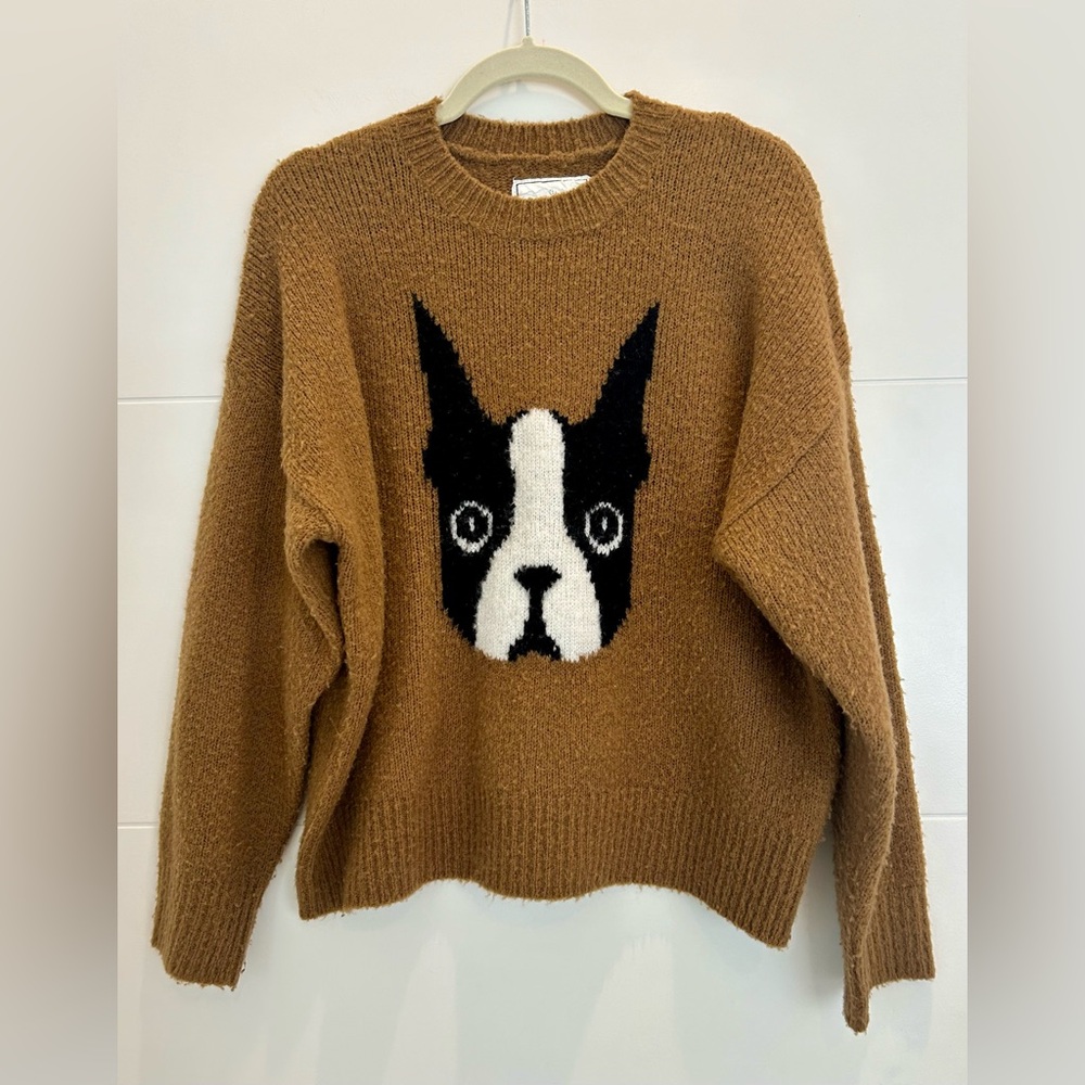 Chocoolate French Bull Dog Graphic Brown Pullover Crew Neck Sweater Size XS